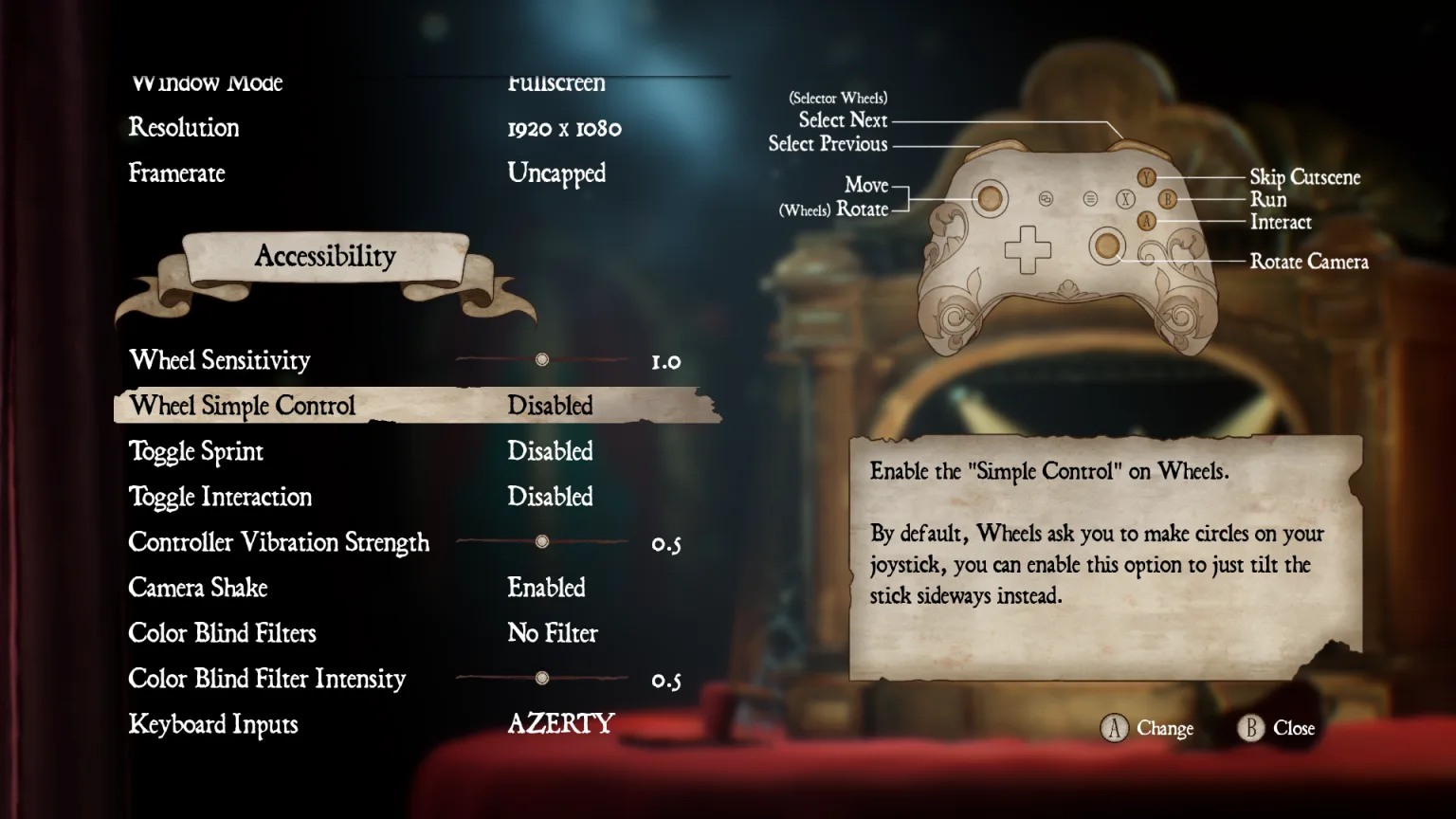Screenshot of the Settings menu in Masquerade. The Accessibility category is shown, with settings such as Wheel Sensitivity, Wheel Simple Control, Toggle Sprint, Toggle Interaction, Controller Vibration Strength, Camera Shake, Color Blind Filters, Color Blind Filters Intensity, and Keyboard Input Language between AZERTY and QWERTY. We also see the setting description for Wheel Simple Control explaining to users what this setting does when changed.