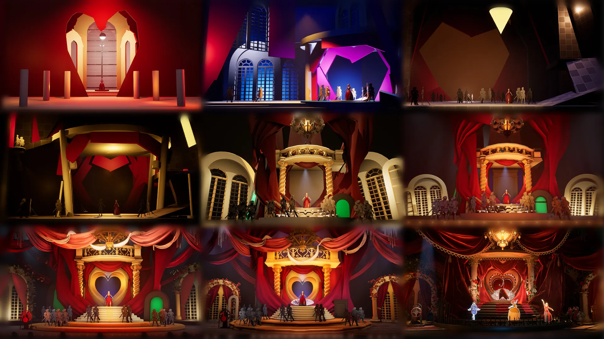 A grid of 9 screenshots showing Ballroom B over time. It starts with rough blockouts done with cubes and cylinders, trying out different compositions for where to place a heart that focuses the eye on Juliet. As we progress over the screenshots, the scene gets more and more detailed and changes less and less.