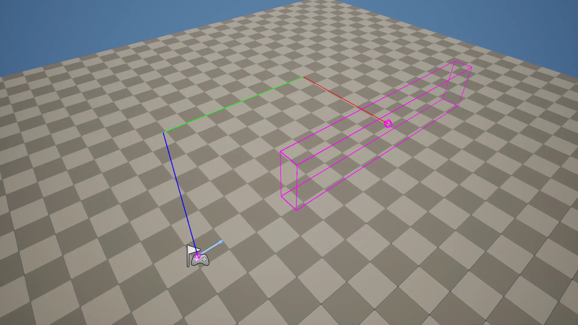 A screenshot from a basic Unreal Engine scene showcasing the Box Roam Camera offset debug visualizer. We see the spawn point of the player, with axis-aligned lines coming out of it to represent an offset. A the end of those lines is a box, representing the 'safe box' where the Camera is allowed to be.