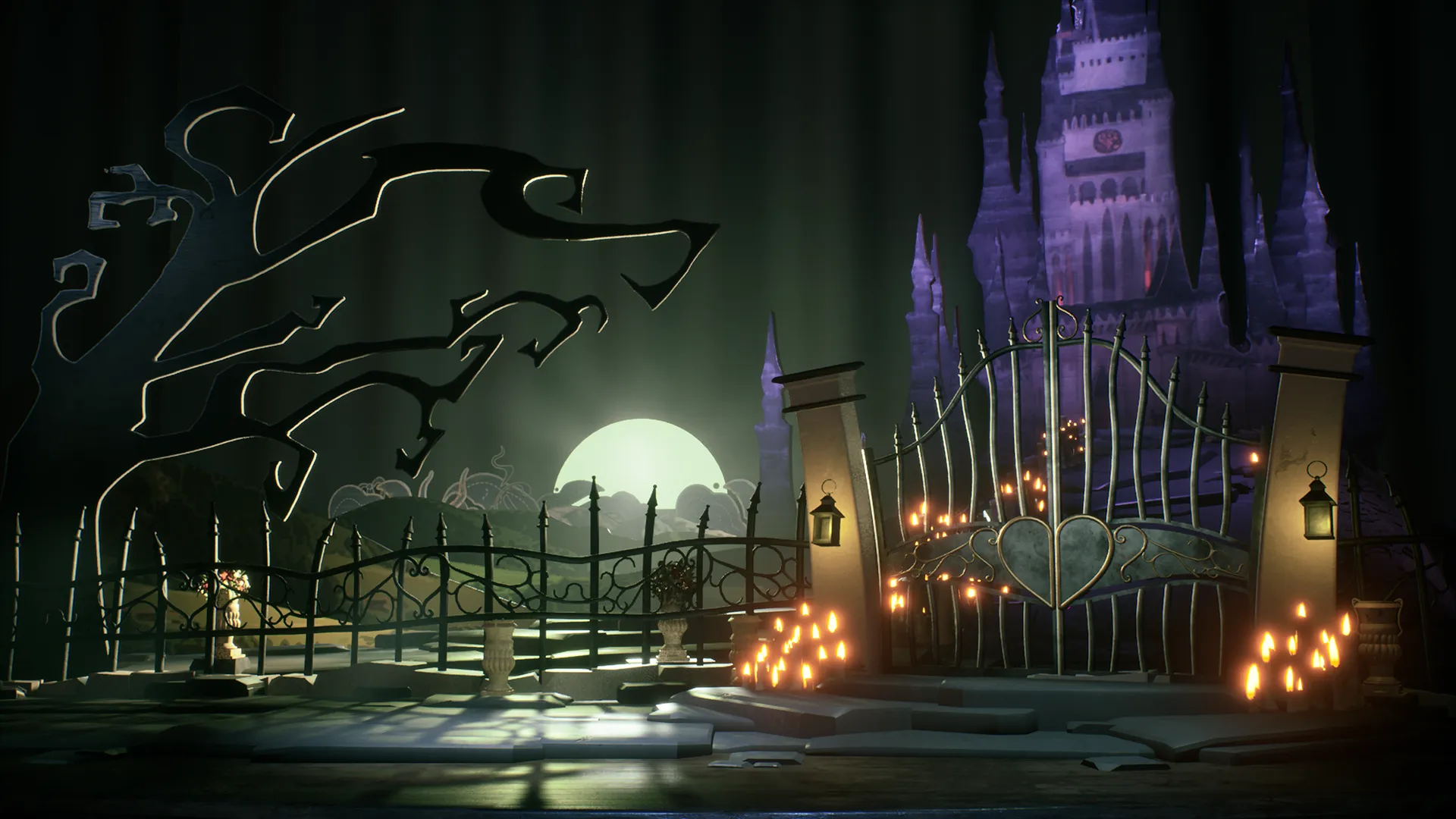 A screenshot of City Gate, the first scene in Masquerade, without Romeo being present. The mood is creepy, almost scary, bathed in a green ambiance. Behind the metal gate on the right is a cutout of the castle that is our destination.