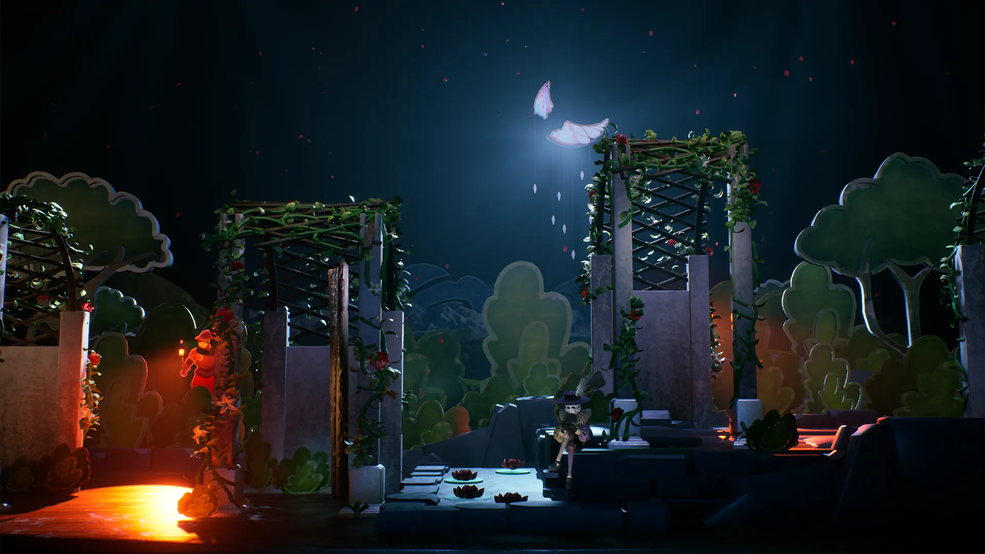 In-Game screenshot of Garden A, showcasing its calm blue-and-green garden ambiance bathed in moonlight. The guards representing danger with their intense red lights are visible on the side.