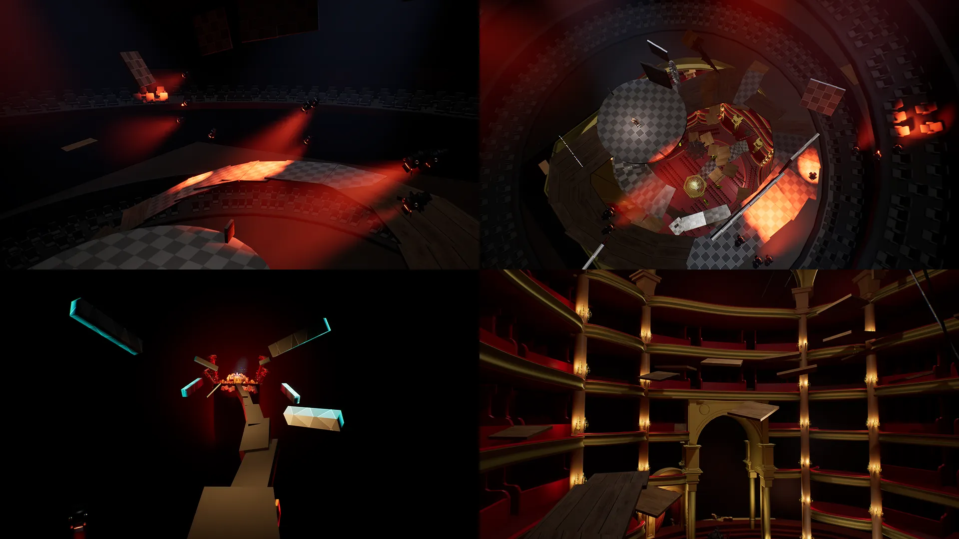 Four screenshots of the old Act Three, taken in-editor from Unreal Engine. We see a flying path with a dozen Eyes looking down the path, we see a top-down view of the whole Act and its many paths coiling up, we see the end of the game with a narrow path going up to Juliet's bed with theater pieces floating all around, and we see the Floor Creation path with floating planks ready to move into place inside a giant theater.