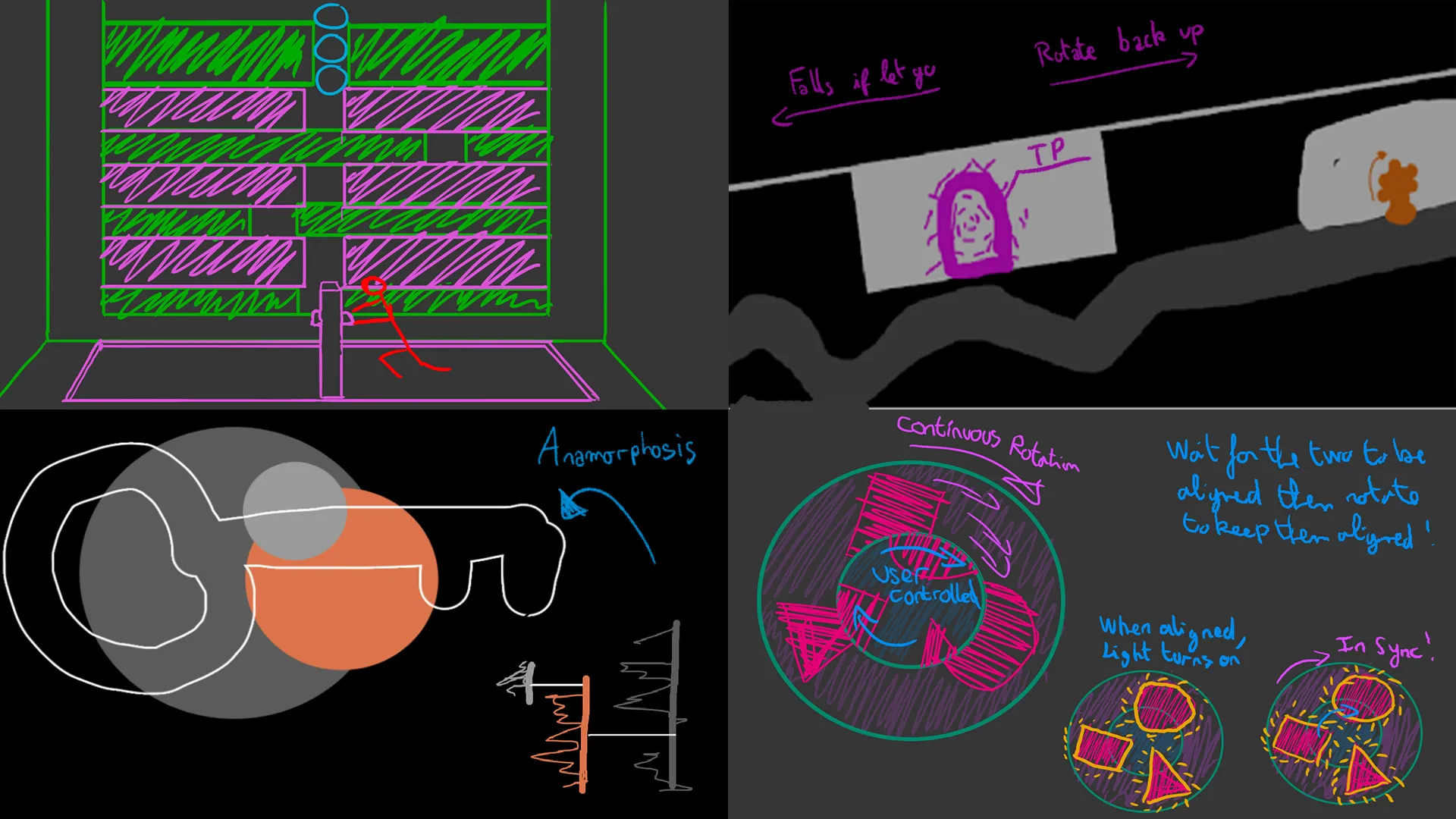A grid of four concept drawings for puzzles that don't appear in the final game. 
