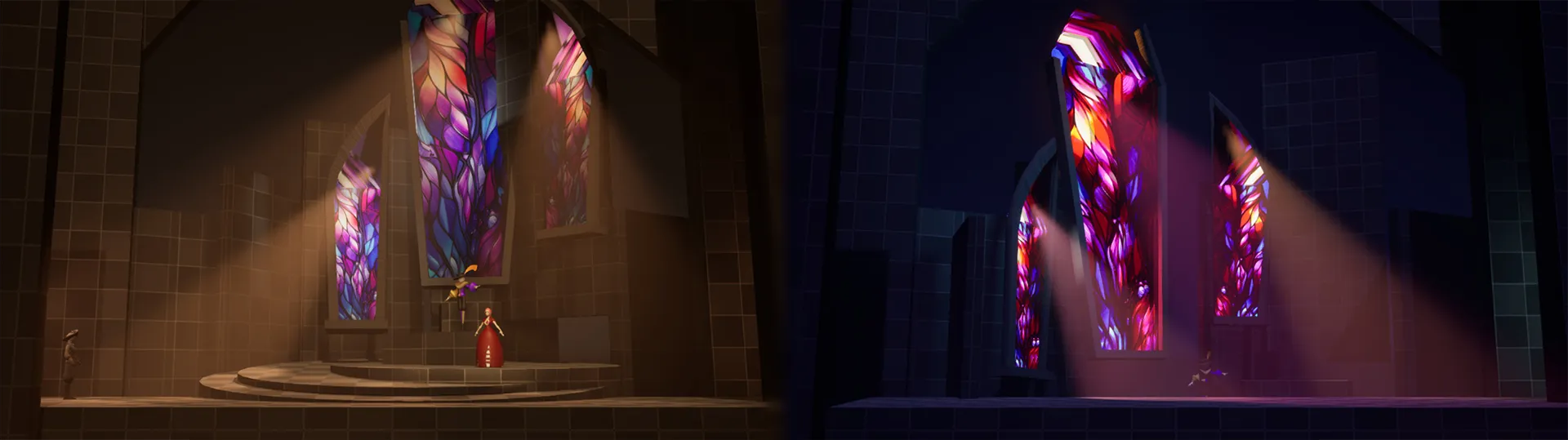 Side-by-side view of the original Wedding blockouts in Unreal Engine. On the left, the stained glass is high and cut by the screen, the light is warm and the ambiance is cozy. On the right, the stained glass has rotated and lowered revealing a coffin shape; the lights have become purple and dark, making the whole scene menacing.