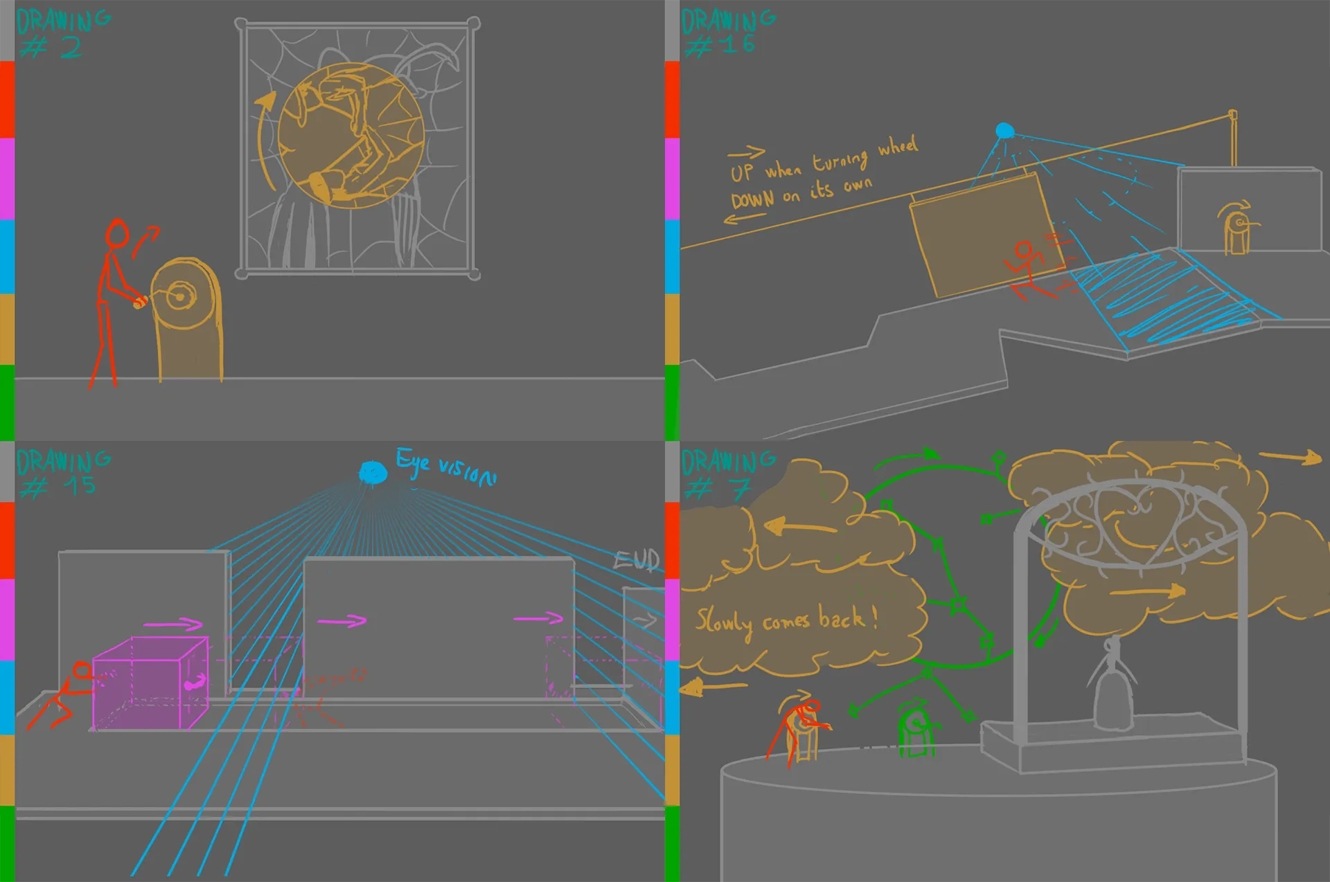 Four puzzle sketches done by myself back in September. In order, we see the sketches for the first Ballroom, for the downwards-falling plank you need to move in sync with in the backstages, a puzzle where you push and pull a crate to create shadows, and the puzzle on top of the tower in the end of Act One.