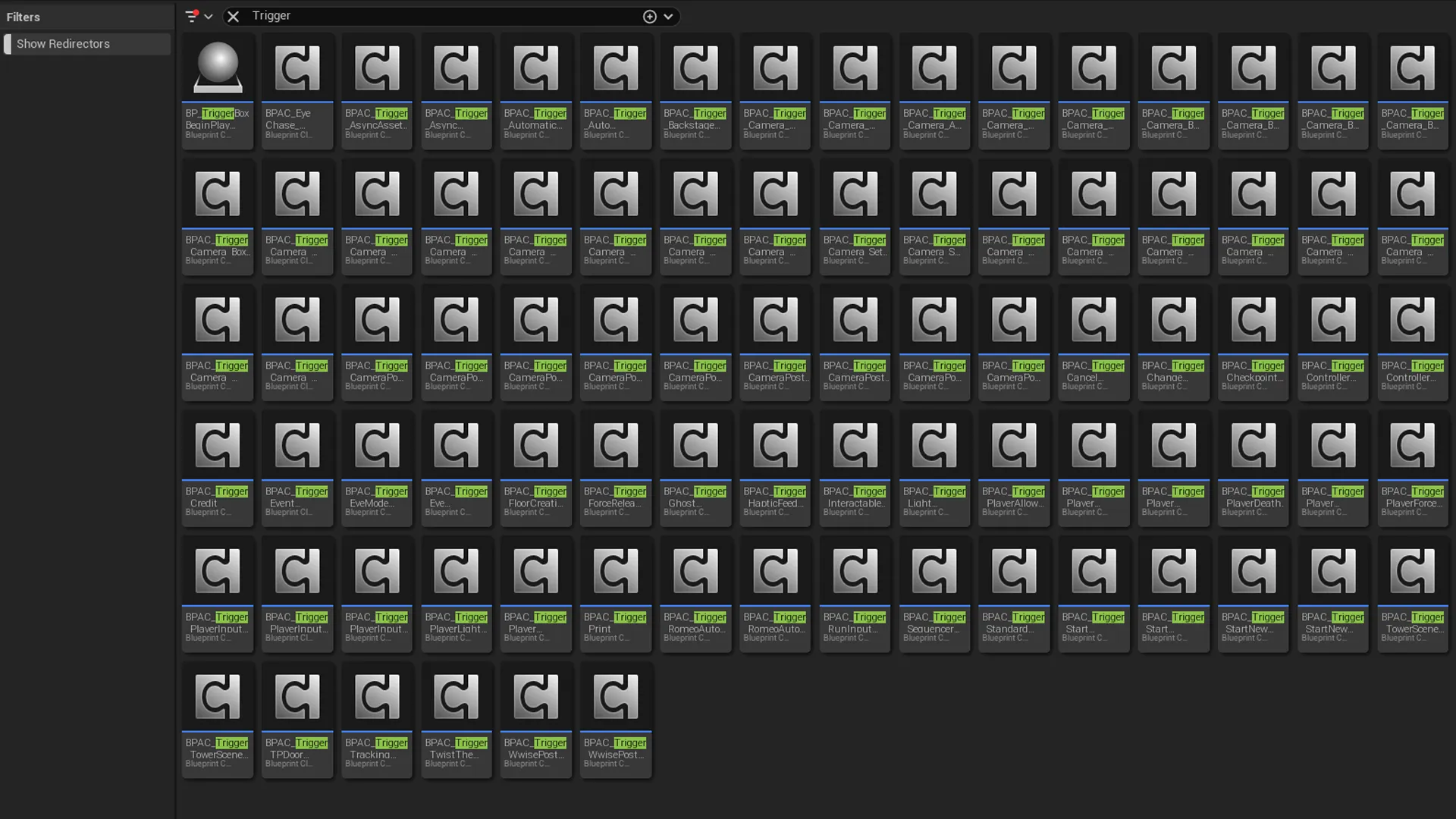 A screenshot of Unreal Engine's Content Browser, showcasing 80 different Components used by our Trigger Boxes.