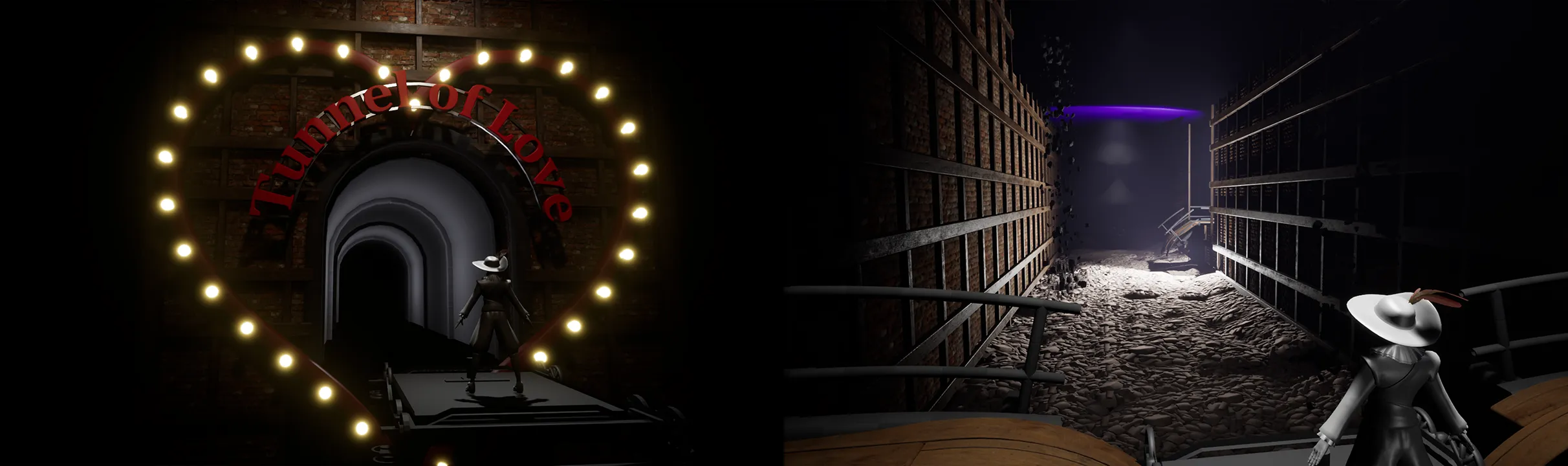 A textureless Romeo standing in front of a creepy hallway entrance titled 'Tunnel of Love'. The entrance is frames by a giant heart made of shining lightbulbs, referencing attractions of the same name that can be found in fairs. The right picture shows inside of this tunnel, travelling by boat on top of a sea of broken mannequin parts. At the end of the tunnel, barely visible, is a giant mask of the Narrator.