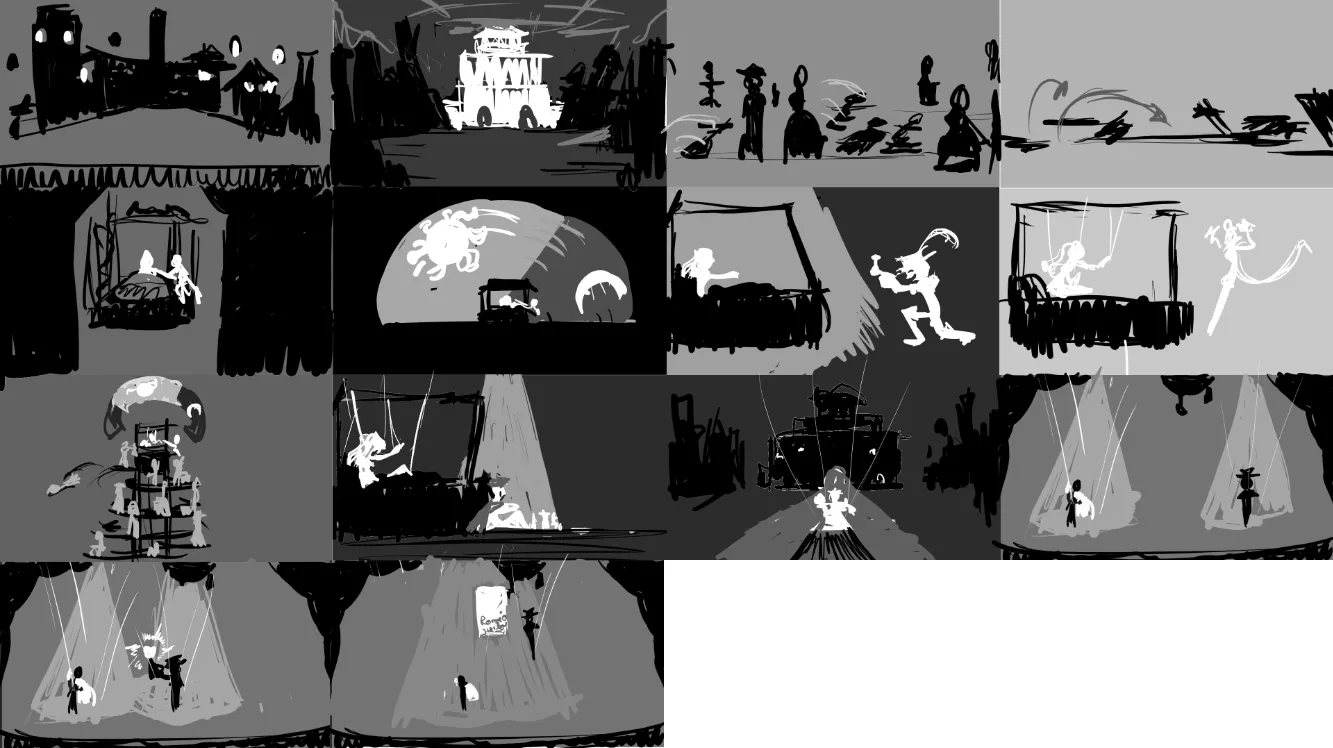 A grid of 14 greyscale sketches, representing the introduction cinematic we thought about back in September. We see a city, the Theater appearing, Juliet being sick for several days, the Narrator offering a cure, Juliet being transformed into a puppet, and Romeo pleading the Narrator for his help in saving her.