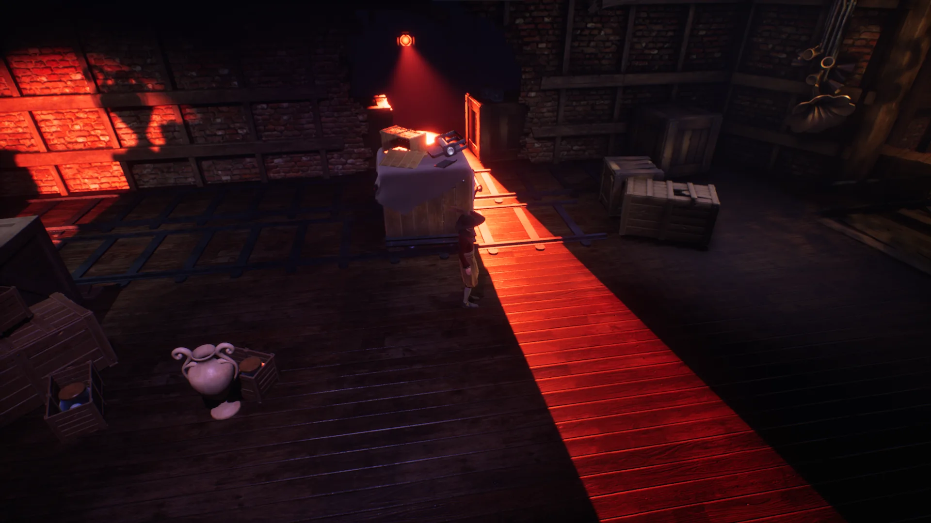 A screenshot of the Push & Hide puzzle in-game, where the players have wrongfully assumed they only need to bring one crate to pass. In the back, we can see another rail being lit up, indicating to the player that the other crate can be brought here to help.