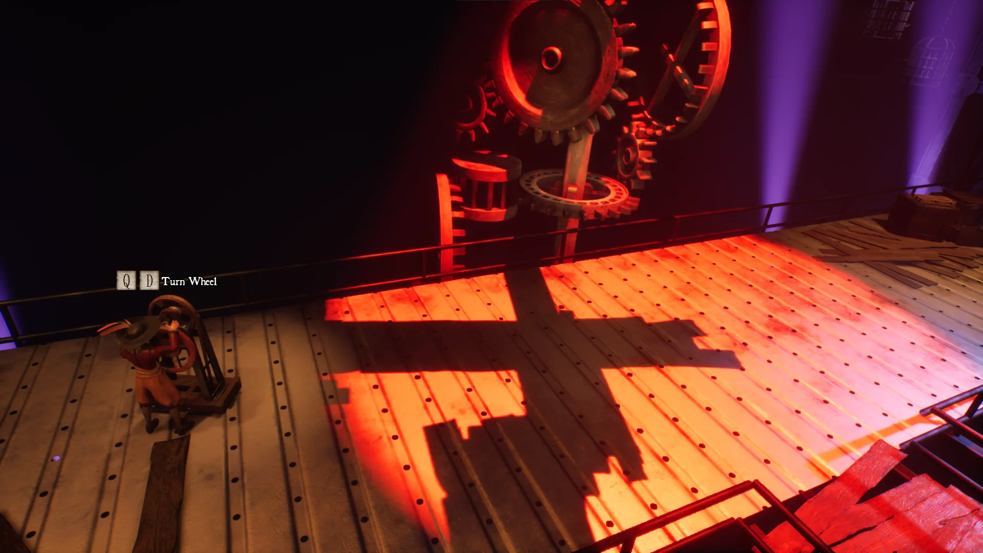 An in-game screenshot of the Shadow Path puzzle. Romeo is turning a wheel, testing which rotation configuration projects shadows on the ground allowing for a safe progress forward.