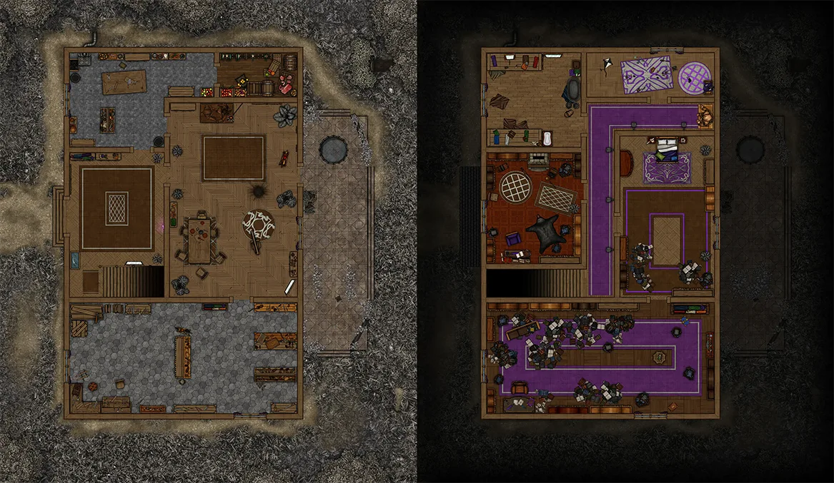 Homemade map of an old manor's interior with two floors and a patio.