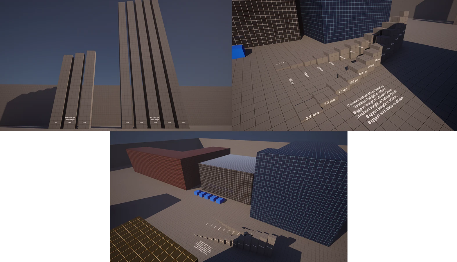 Three in-engine screenshots of a Metrics Gym. We see a staircase with each step becoming higher and farther away to test out jump height and length. Big colored blocks are visible in some shots.